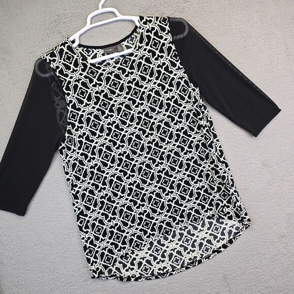Chicos Travelers Top Womens 2 Medium Black White Mesh Sleeve Tunic Boho Academia - Picture 1 of 14